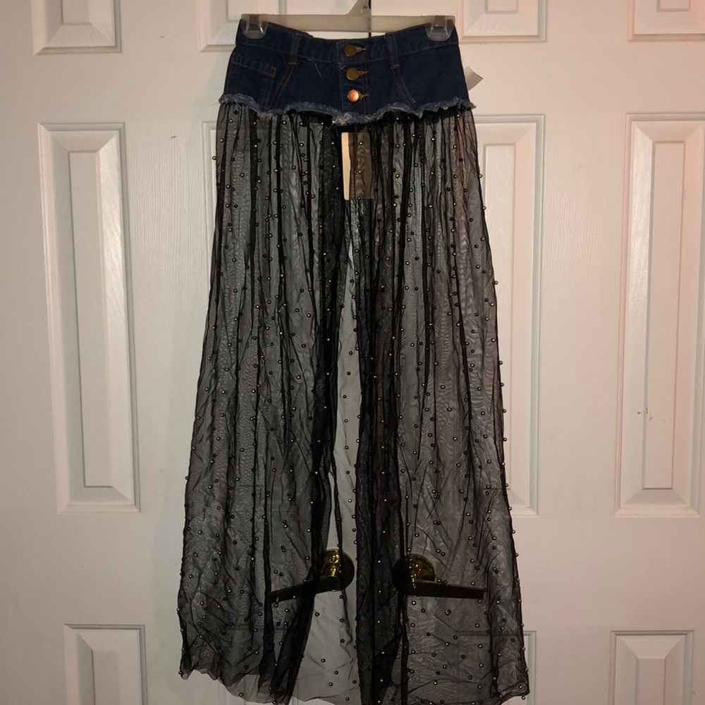 Denim Mesh Skirt with beads